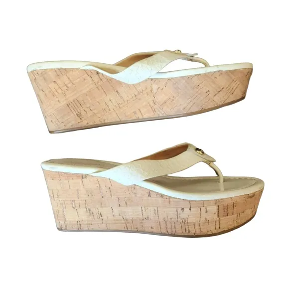 Coach Womens White Cork Wedge Heel Open Toe Thong Sandal Size 5 1/2 B