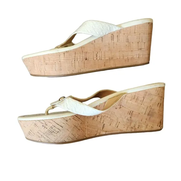 Coach Womens White Cork Wedge Heel Open Toe Thong Sandal Size 5 1/2 B