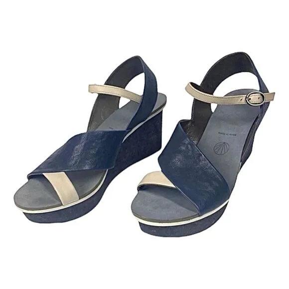 Coclico Guya Women’s Wedge Sandals Blue Leather 10.5 Medium Made in Spain
