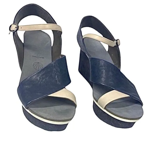 Coclico Guya Women’s Wedge Sandals Blue Leather 10.5 Medium Made in Spain