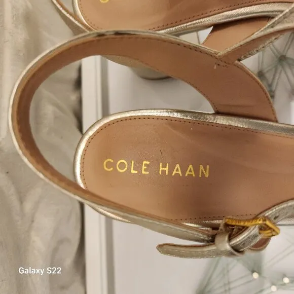 Cole Haan Gold Leather &quot;Josie&quot; Block Heel Sandals. NIB. Size 10