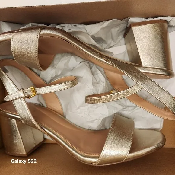 Cole Haan Gold Leather &quot;Josie&quot; Block Heel Sandals. NIB. Size 10