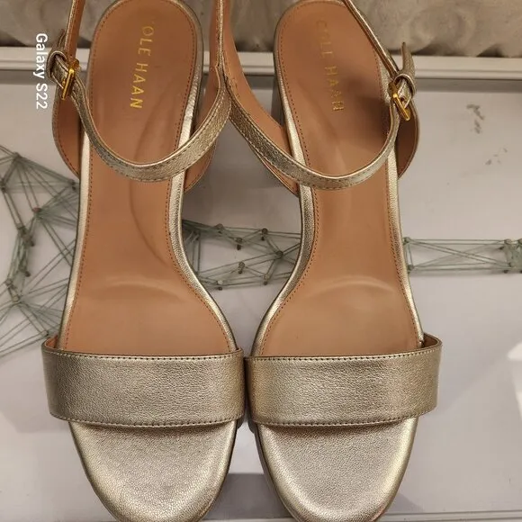 Cole Haan Gold Leather &quot;Josie&quot; Block Heel Sandals. NIB. Size 10