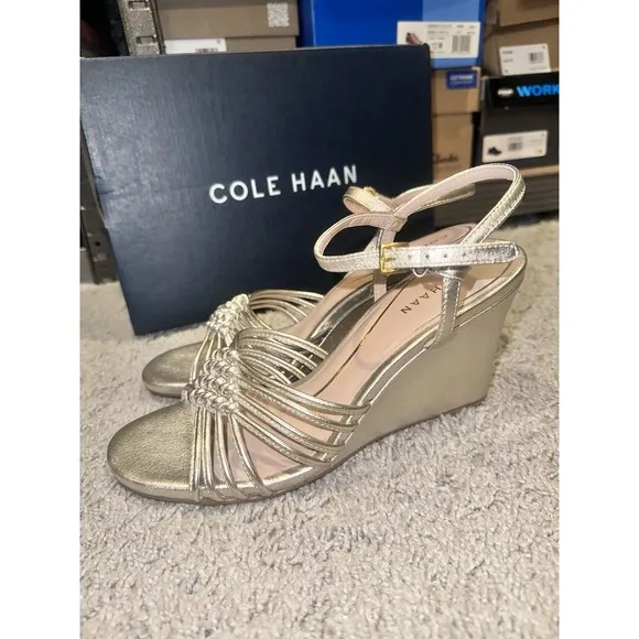 Cole‎ Haan Jitney Knot Sandals Gold Wedge Women's Size 8 Brand New