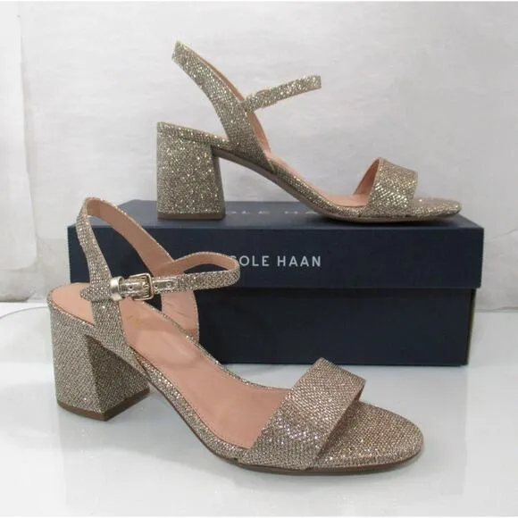 Cole Haan Josie Block Heel Sling Back Sandals Gold Glitter Size 7.5
