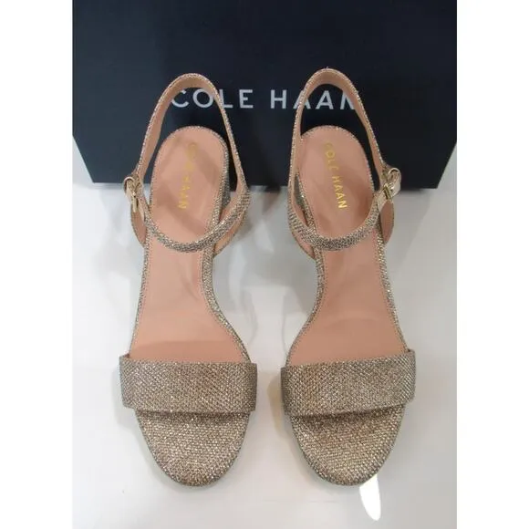 Cole Haan Josie Block Heel Sling Back Sandals Gold Glitter Size 7.5