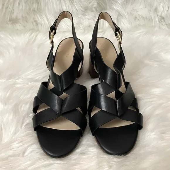 Cole Haan Sandals Womens Size 10.5 Black Faux Leather Heeled Slingback Jamie NEW