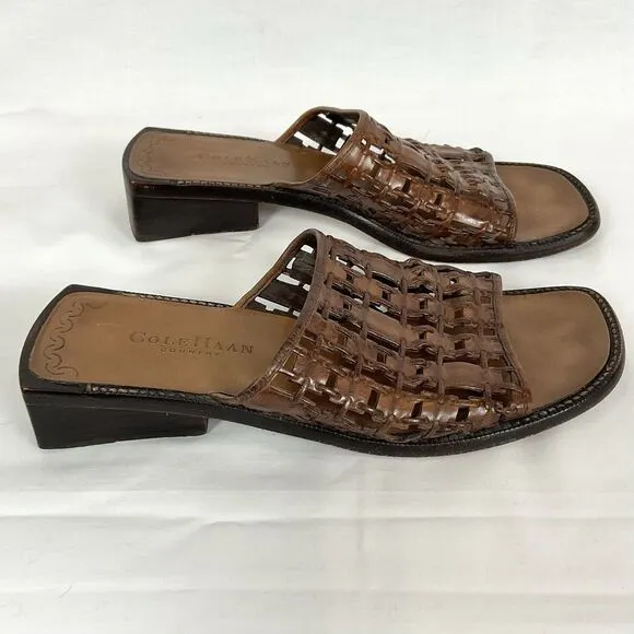 Cole Haan Vintage 90's-Y2K Lattice Woven Brown Leather Slide Sandals Sz 7.5 B