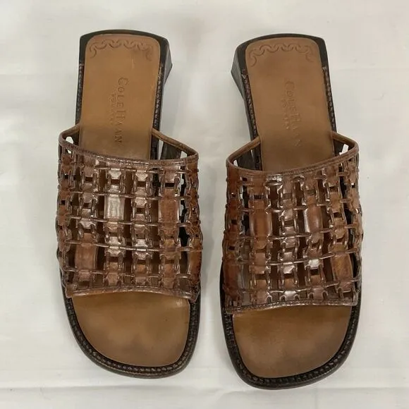 Cole Haan Vintage 90's-Y2K Lattice Woven Brown Leather Slide Sandals Sz 7.5 B