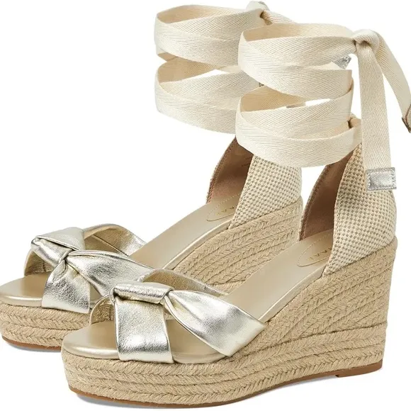 Cole Haan Women's 8 Cloudfeel Hampton Wedge Sandals Soft Gold-natural Canvas