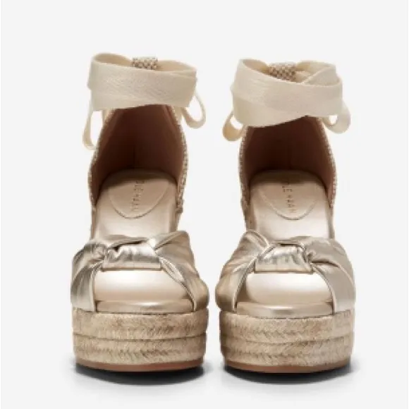 Cole Haan Women's 8 Cloudfeel Hampton Wedge Sandals Soft Gold-natural Canvas