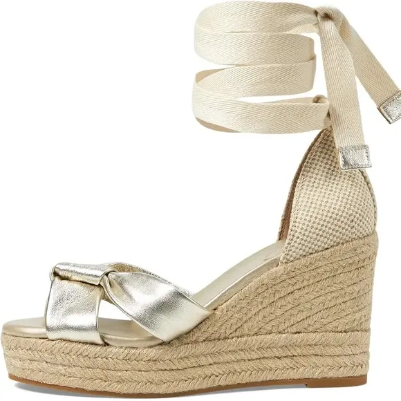 Cole Haan Women's 8 Cloudfeel Hampton Wedge Sandals Soft Gold-natural Canvas