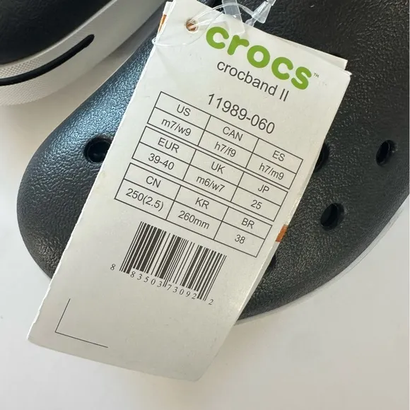 Crocs Crocband II Clog Slip On Sandals Shoes Womens 9 Men’s 7 New Black White
