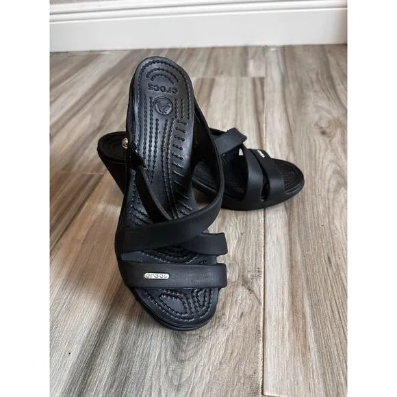 CROCS Cyprus IV Size 8 Black High Heel Chunky Sandals Cross Straps Comfort