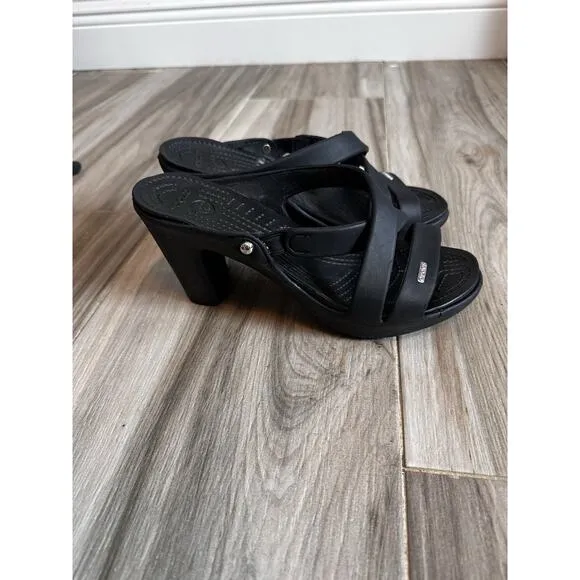 CROCS Cyprus IV Size 8 Black High Heel Chunky Sandals Cross Straps Comfort