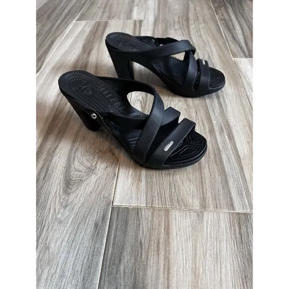 CROCS Cyprus IV Size 8 Black High Heel Chunky Sandals Cross Straps Comfort