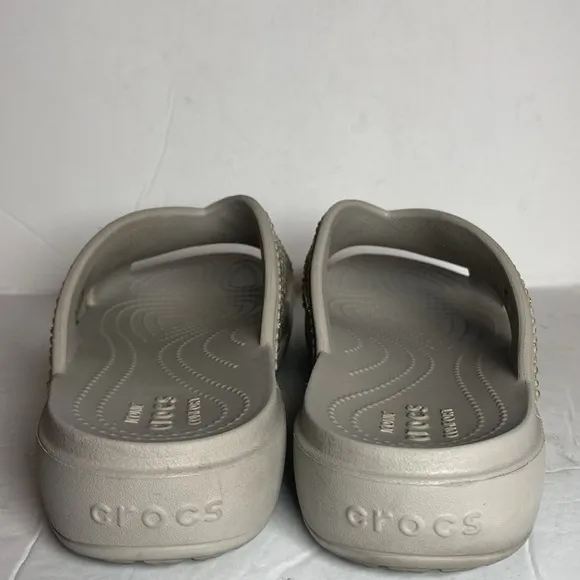 CROCS Gray Sloane Diamante Embellished Cross Strap Wedge Slide Sandals