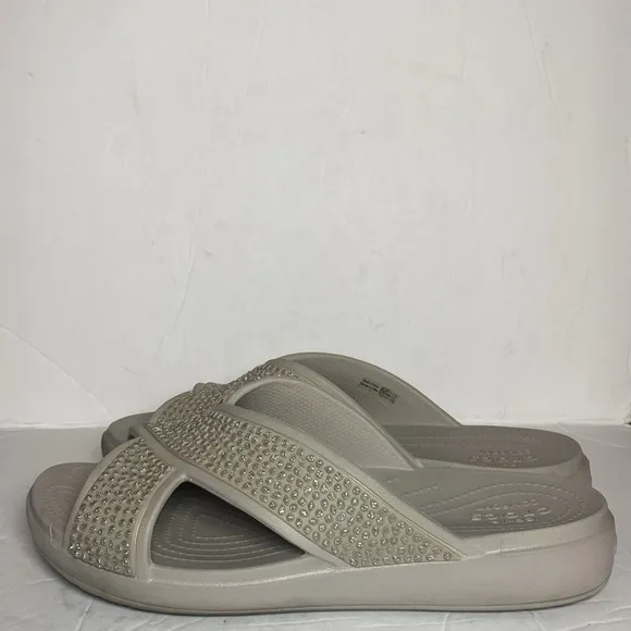 CROCS Gray Sloane Diamante Embellished Cross Strap Wedge Slide Sandals