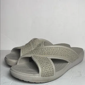 CROCS Gray Sloane Diamante Embellished Cross Strap Wedge Slide Sandals