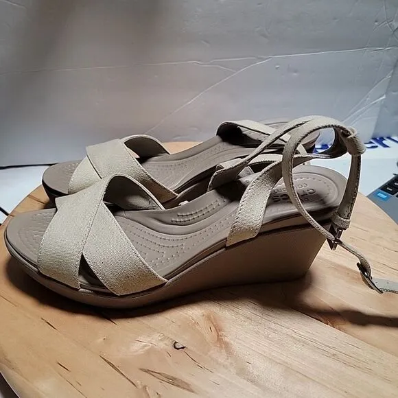 CROCS Leigh II Women's 9 Beige Wedge Cross Straps Ankle Dressy Sandals tan Beige