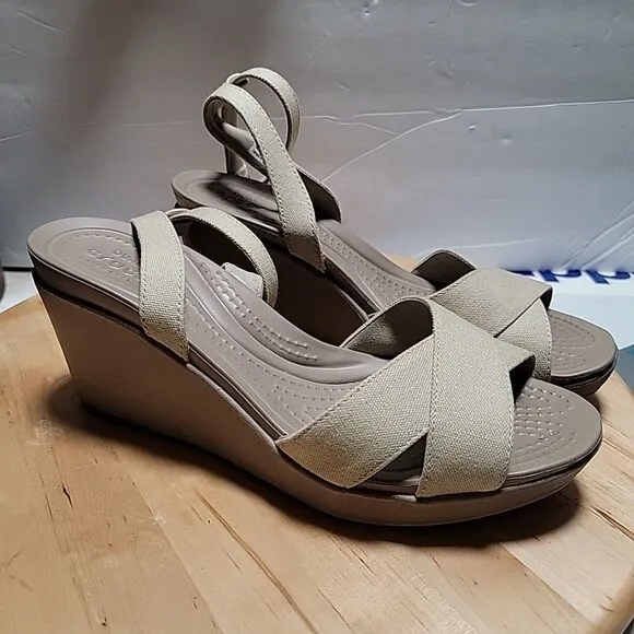 CROCS Leigh II Women's 9 Beige Wedge Cross Straps Ankle Dressy Sandals tan Beige