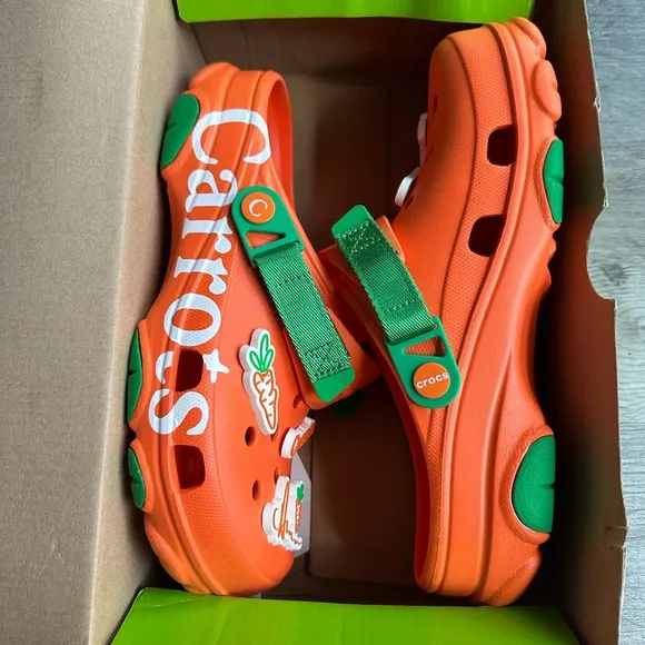 CROCS Orange and Green Sandals with Jibbitz Charms