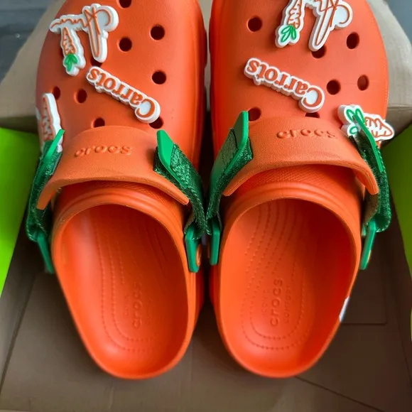 CROCS Orange and Green Sandals with Jibbitz Charms
