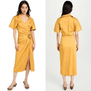 Cult Gaia Calista Short Sleeve Faux Wrap Midi Dress in‎ Tumeric Gold Yellow Sz 2