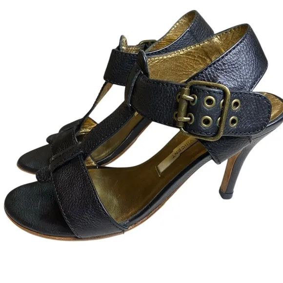 Cynthia Vincent Black Leather high heel Strappy Open Toe Sandal Women’s Size 6.5
