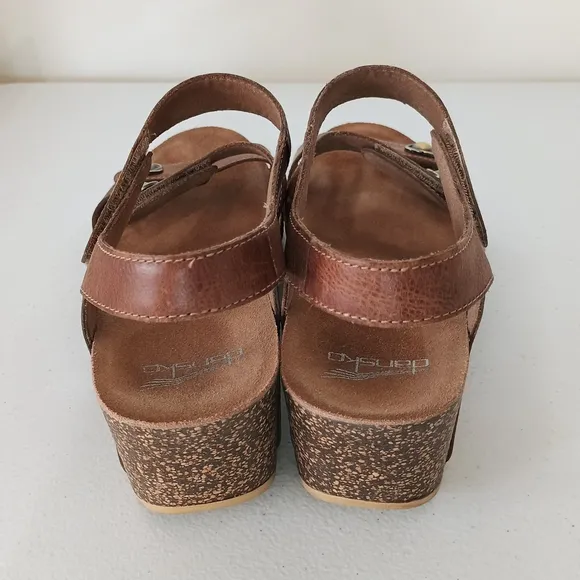 Danako Cognac Leather Savannah Cork Wedge Comfort Sandals Womens 40 US 8.5