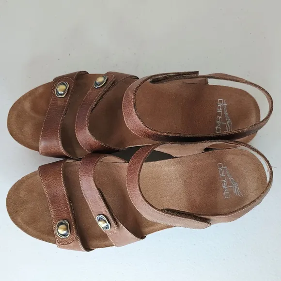 Danako Cognac Leather Savannah Cork Wedge Comfort Sandals Womens 40 US 8.5
