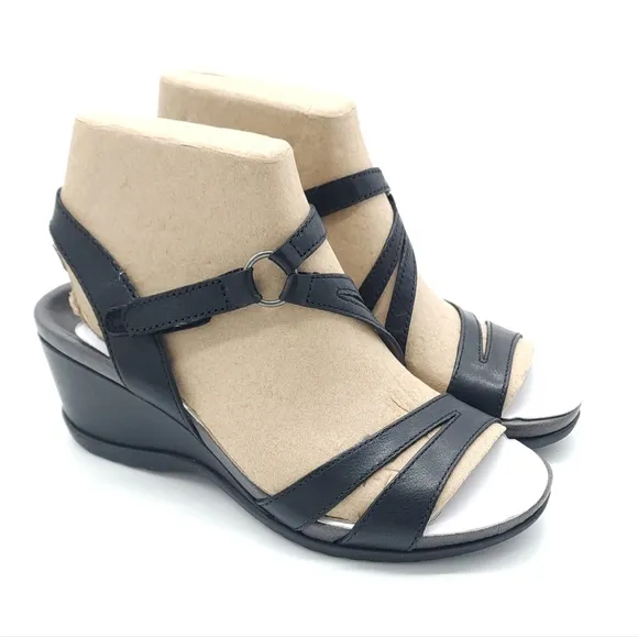 Dansko Addyson Kid Leather Black Wedge Sandals Women's Size 6.5/7