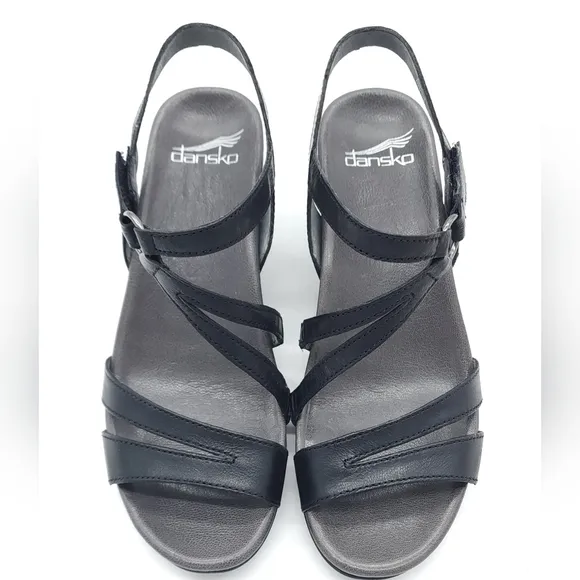Dansko Addyson Kid Leather Black Wedge Sandals Women's Size 6.5/7