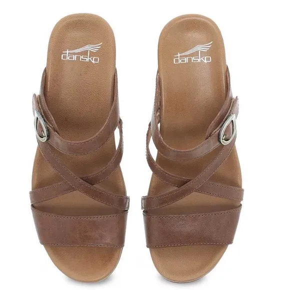 Dansko Ana Glazed Brown Leather Wedge Sandals Classy Chic Comfort ShoeSize 7.5