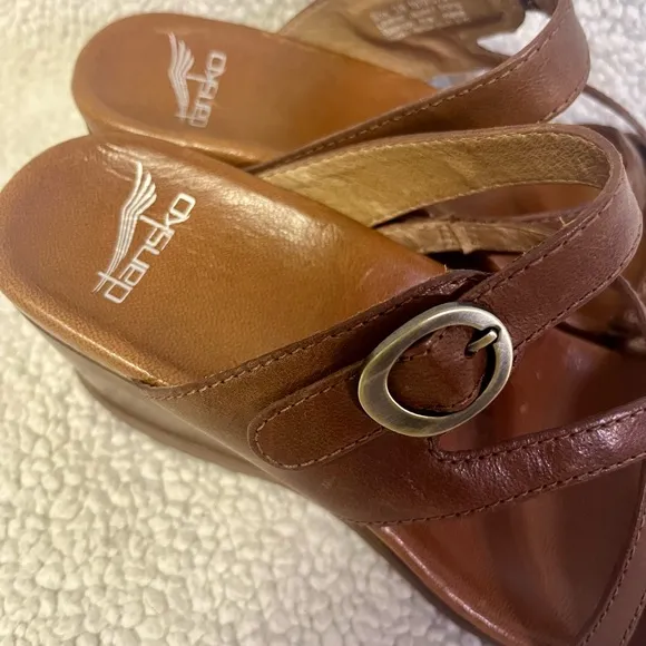 Dansko Ana Glazed Brown Leather Wedge Sandals Classy Chic Comfort ShoeSize 7.5