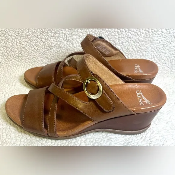 Dansko Ana Glazed Brown Leather Wedge Sandals Classy Chic Comfort ShoeSize 7.5