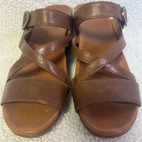 Dansko Ana Glazed Brown Leather Wedge Sandals Classy Chic Comfort ShoeSize 7.5