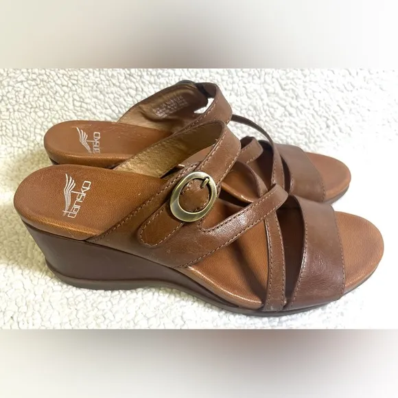 Dansko Ana Glazed Brown Leather Wedge Sandals Classy Chic Comfort ShoeSize 7.5