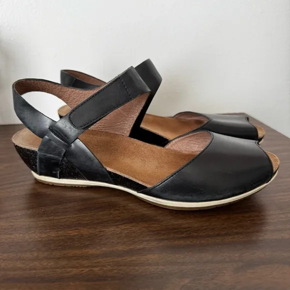 Dansko Black Leather Peep Toe Wedge Sandals