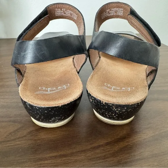 Dansko Black Leather Peep Toe Wedge Sandals