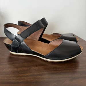 Dansko Black Leather Peep Toe Wedge Sandals