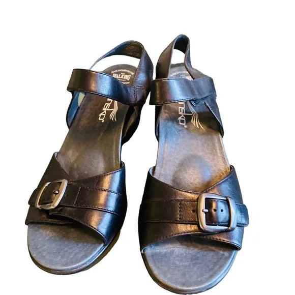 Dansko Jen Neutral Sandals in Black Leather Ankle Strap Buckle Women's Sandal