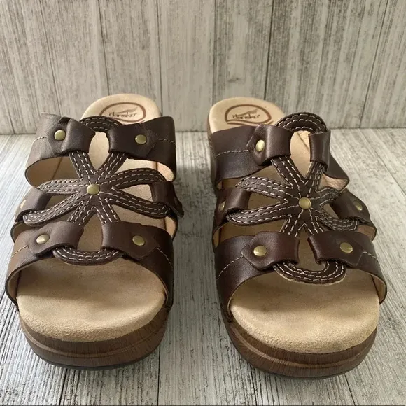 DANSKO Women Shoes S 9 EU 40 Brown Leather Cushion 2&quot; Wedge Heels Open Toe shift