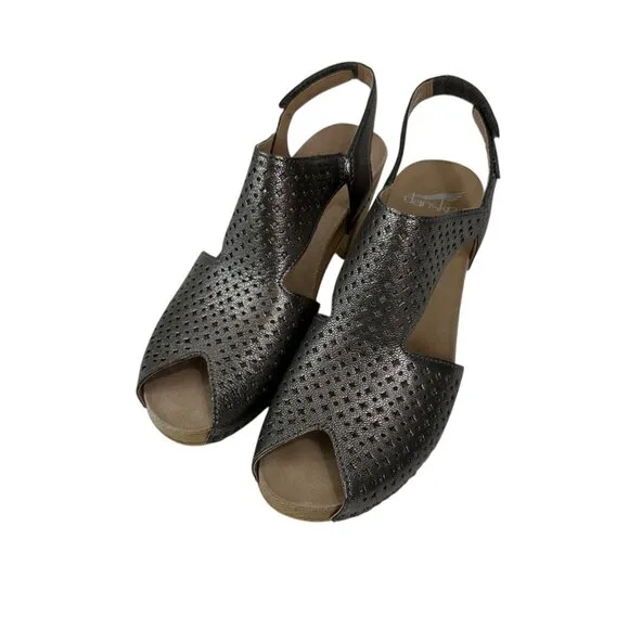 Dansko Womens Perforated Leather Slingback Heeled Sandals Metallic Gray SZ 37 EU