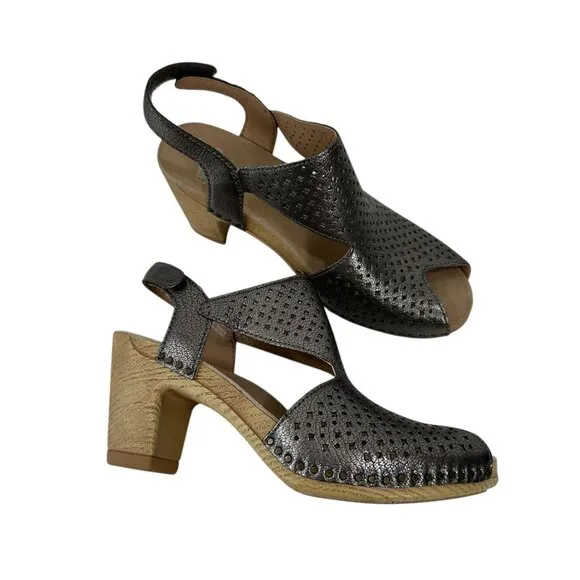Dansko Womens Perforated Leather Slingback Heeled Sandals Metallic Gray SZ 37 EU