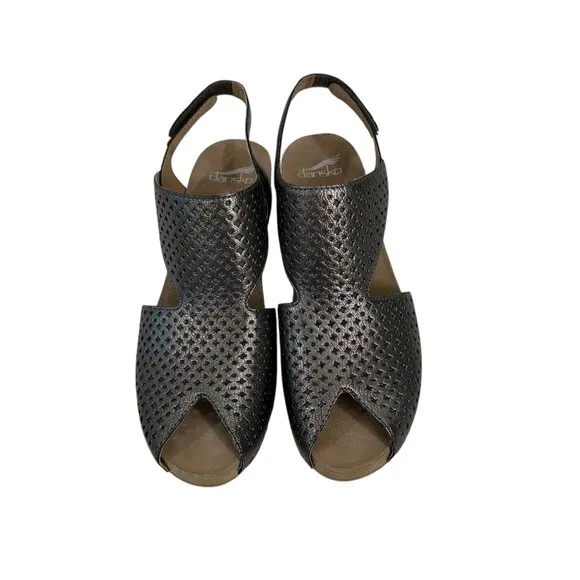 Dansko Womens Perforated Leather Slingback Heeled Sandals Metallic Gray SZ 37 EU