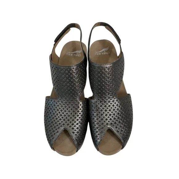 Dansko Womens Perforated Leather Slingback Heeled Sandals Metallic Gray SZ 37 EU