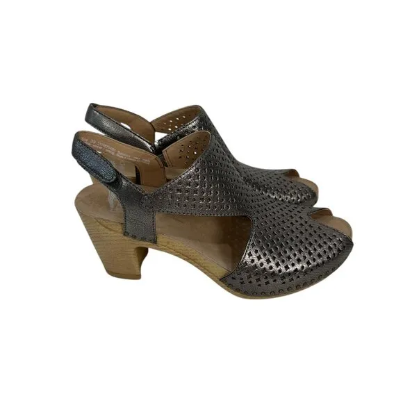 Dansko Womens Perforated Leather Slingback Heeled Sandals Metallic Gray SZ 37 EU
