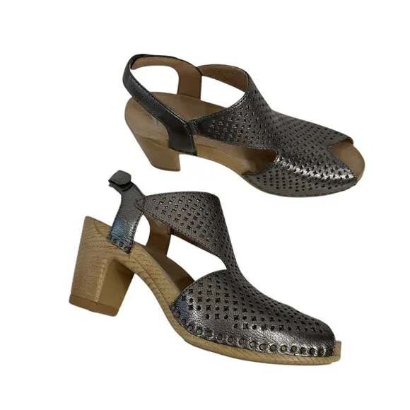 Dansko Womens Perforated Leather Slingback Heeled Sandals Metallic Gray SZ 37 EU