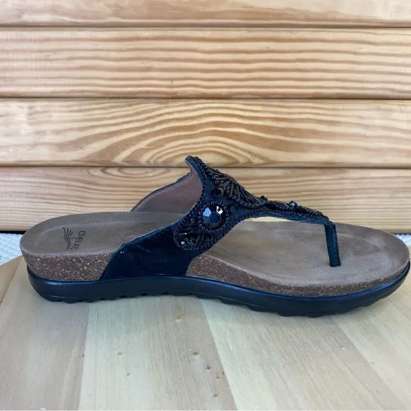 Dansko Womens Slide Sandals Pamela 38 EUR Black Leather Beaded Thong Summer Shoe
